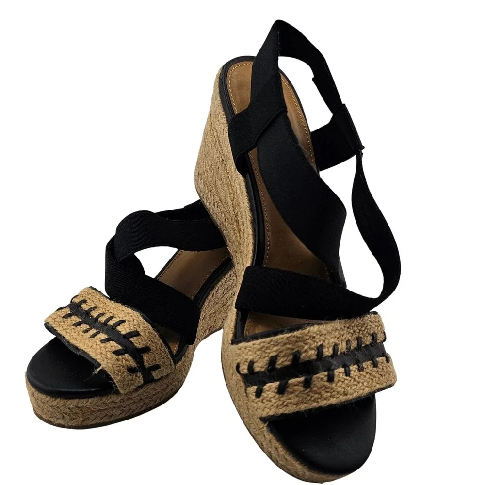 G.H. Bass & Co. Rylee Wedge Sandals Espadrille Platform Criss Cross Black Straps